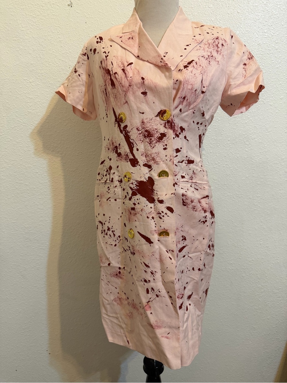 Vtg harve Benard Pink Dress Red Splatter and GoldButtons petite 4p Halloween